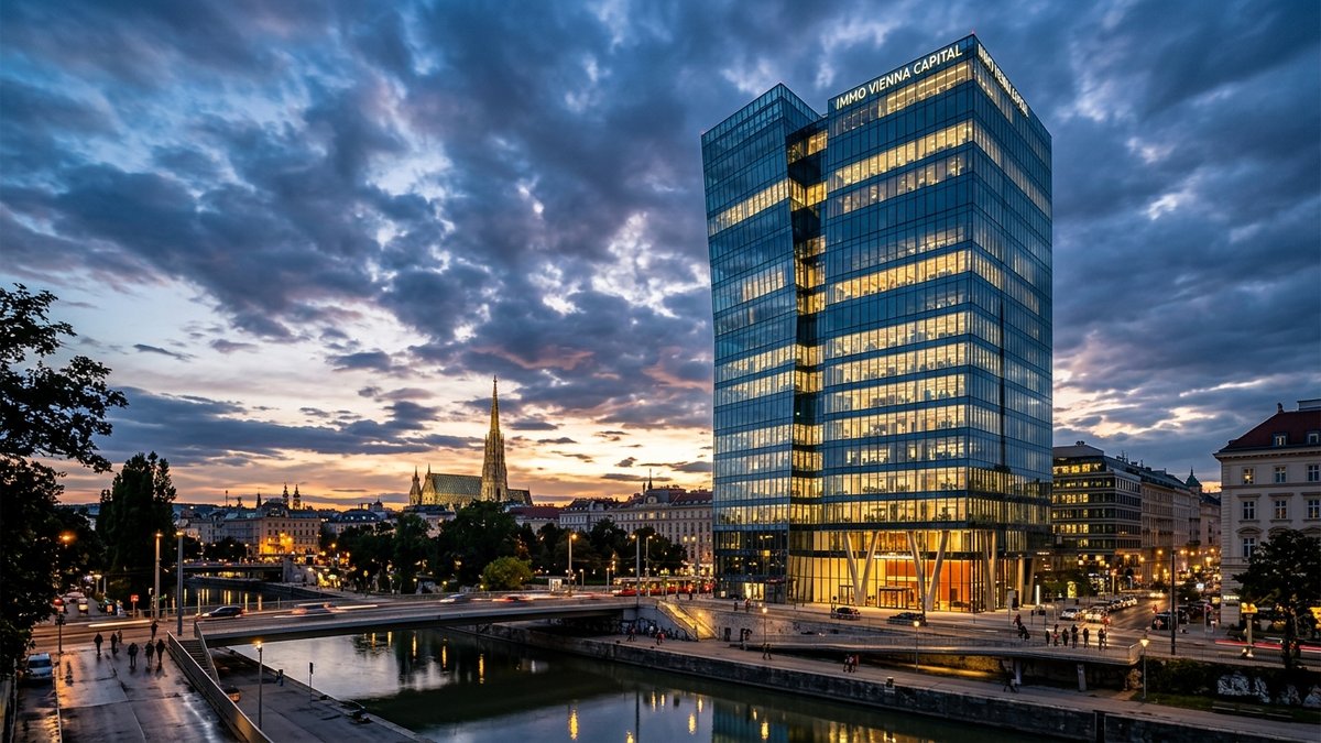 Glasfassade der ehemaligen Signa-Firmenzentrale in Wien bei Abendlicht